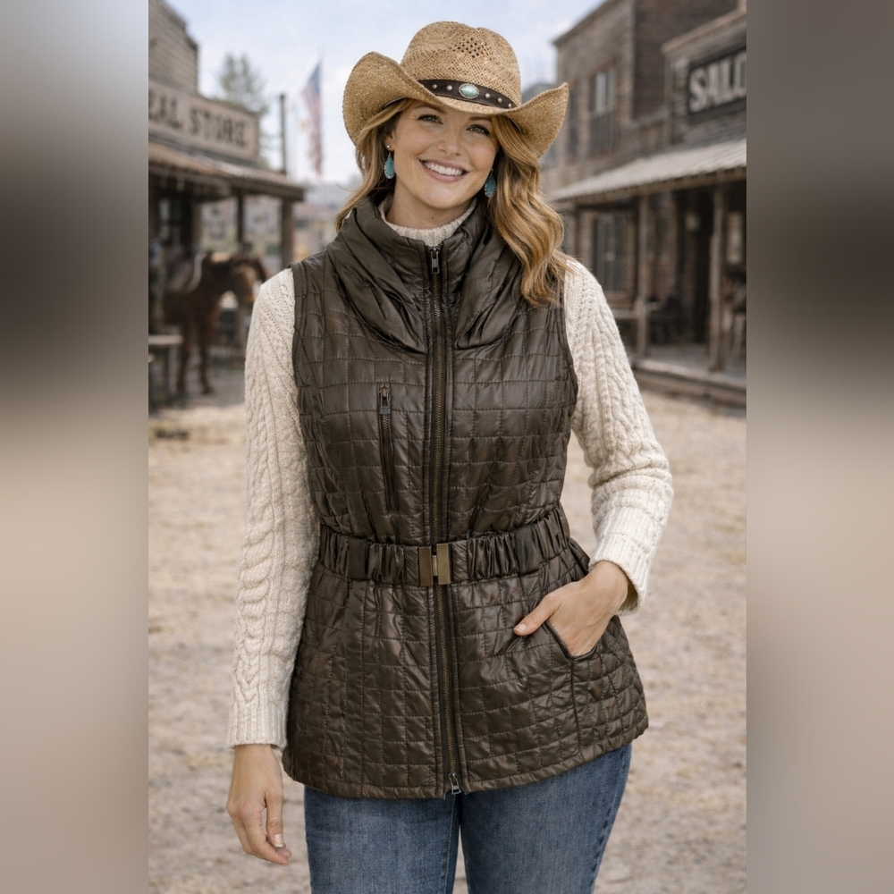 Puffer Vest with Full Zip  Belted  Color Dark Brown.pit To Pit 19"